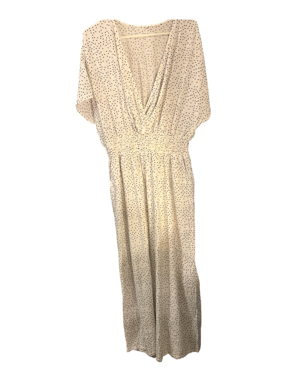 Cream Polka Dot Wide-Leg Jumpsuit with V-Neck